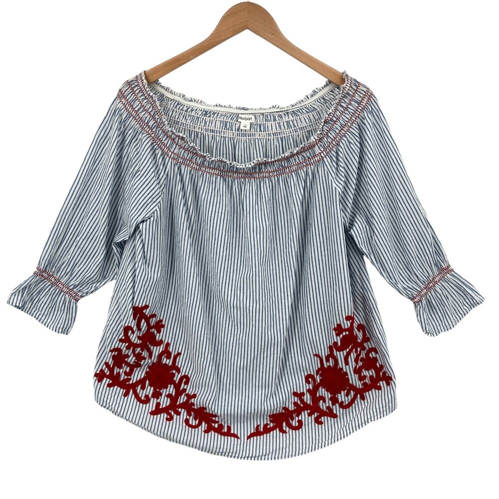 Westport Blouse Top Womens Large White Blue Striped Embroidered Off Shoulder